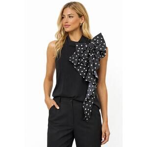 GRACIA Women's Sleeveless Polka Dot Ruffle Bow Top Black/White Size Large